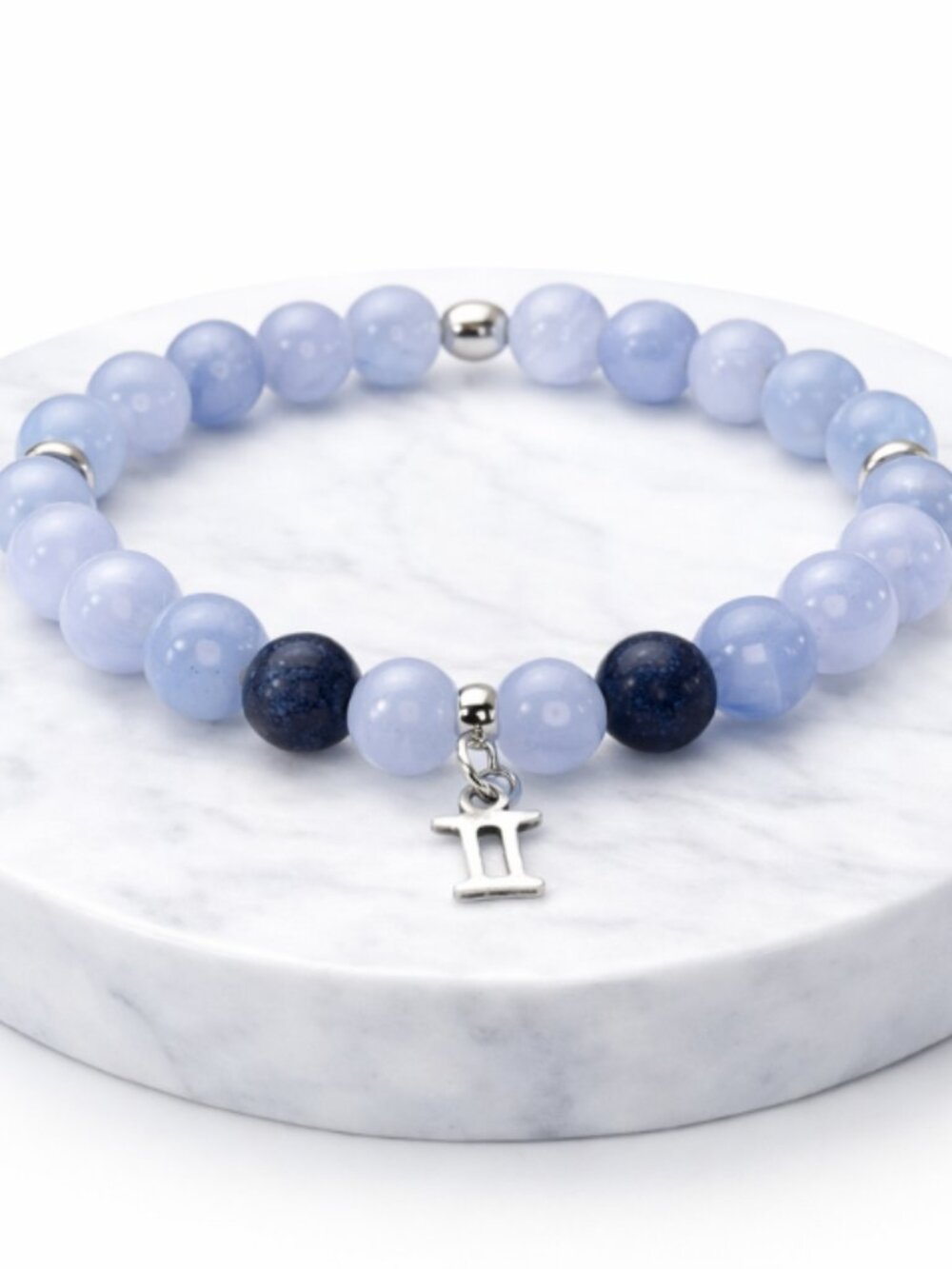 Gemini Blue Lace Agate Lapiz Lazuli Bracelet Silver Zodiac Charm Beaded Jewelry